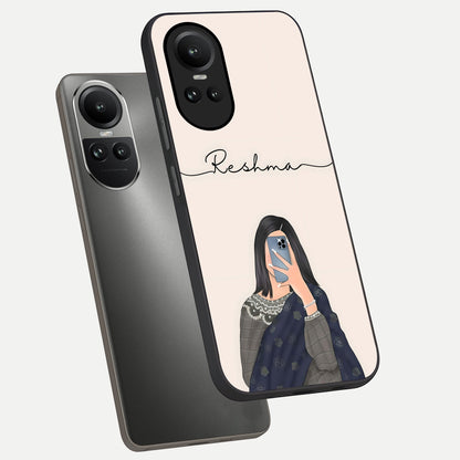  Mirror Mood Muse With Custom Name phone case For Oppo Reno 10 showing premium glass back cover with detailed artwork