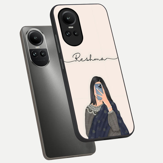  Mirror Mood Muse With Custom Name phone case For Oppo Reno 10 showing premium glass back cover with detailed artwork