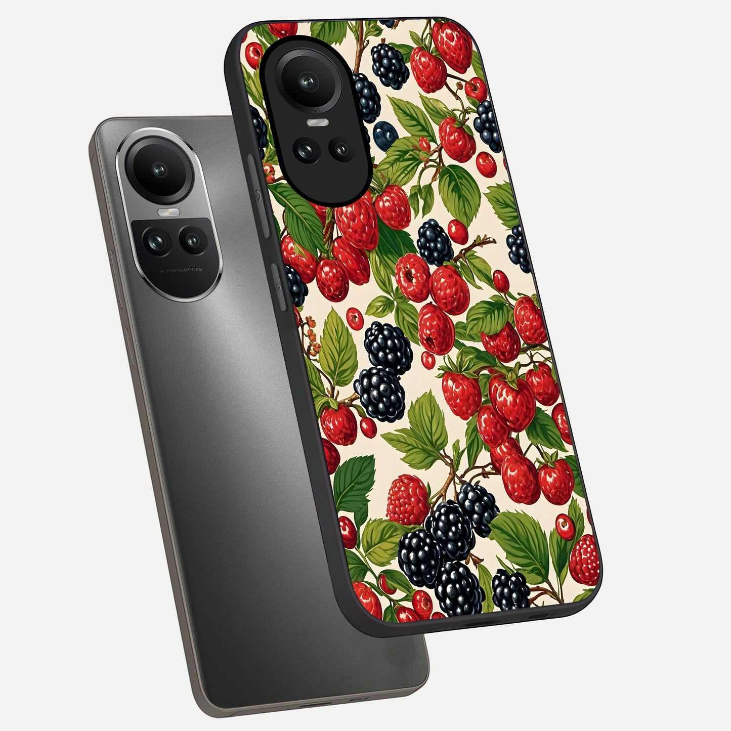  Mixed Berry Collage phone case For Oppo Reno 10 showing premium glass back cover with detailed artwork
