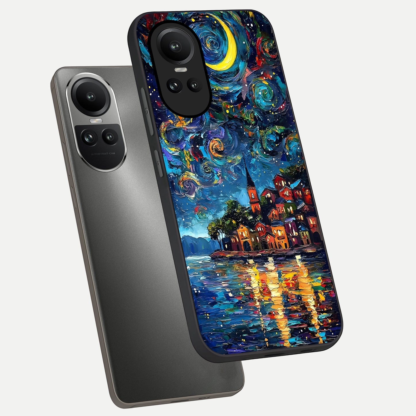  Moonlight Harbor Glow phone case For Oppo Reno 10 showing premium glass back cover with detailed artwork