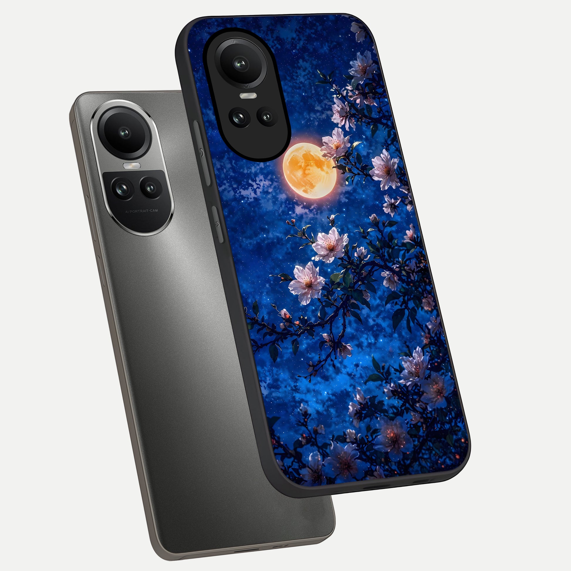  Moonlit Blossoms Night phone case For Oppo Reno 10 showing premium glass back cover with detailed artwork