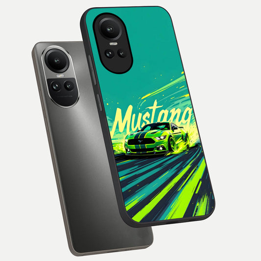  Mustang Bang phone case For Oppo Reno 10 showing premium glass back cover with detailed artwork