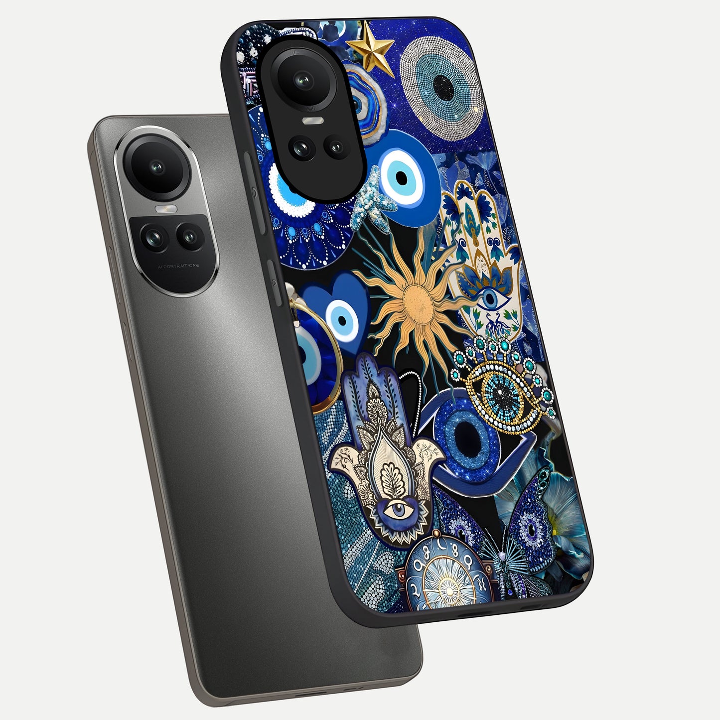  Mystic Blue Evil Eye phone case For Oppo Reno 10 showing premium glass back cover with detailed artwork