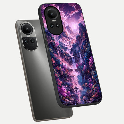  Mystic Cascade Peaks phone case For Oppo Reno 10 showing premium glass back cover with detailed artwork