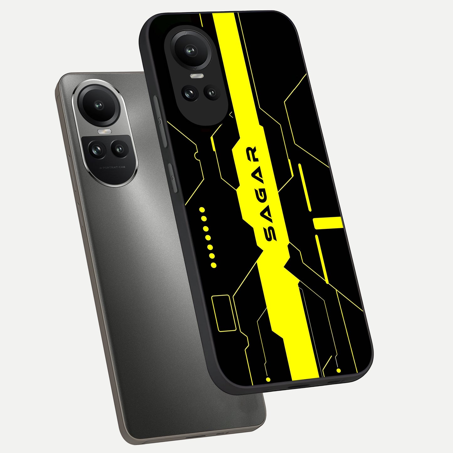  Neon CYBERPUNK Custom Name phone case For Oppo Reno 10 showing premium glass back cover with detailed artwork