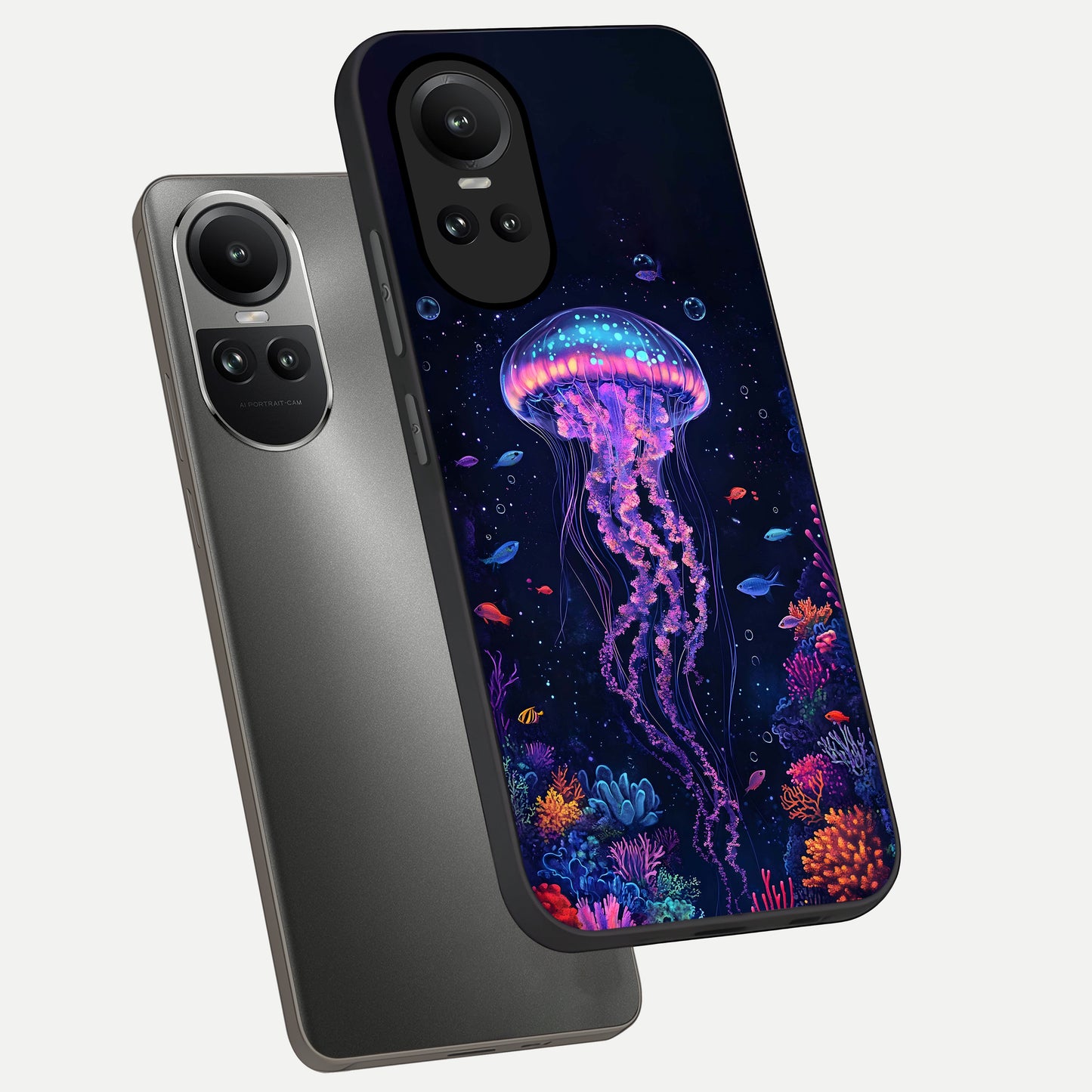  Neon Jellyfish phone case For Oppo Reno 10 showing premium glass back cover with detailed artwork