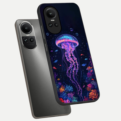  Neon Jellyfish phone case For Oppo Reno 10 showing premium glass back cover with detailed artwork