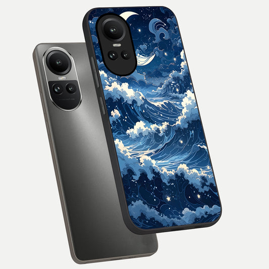  Ocean Moon Waves phone case For Oppo Reno 10 showing premium glass back cover with detailed artwork