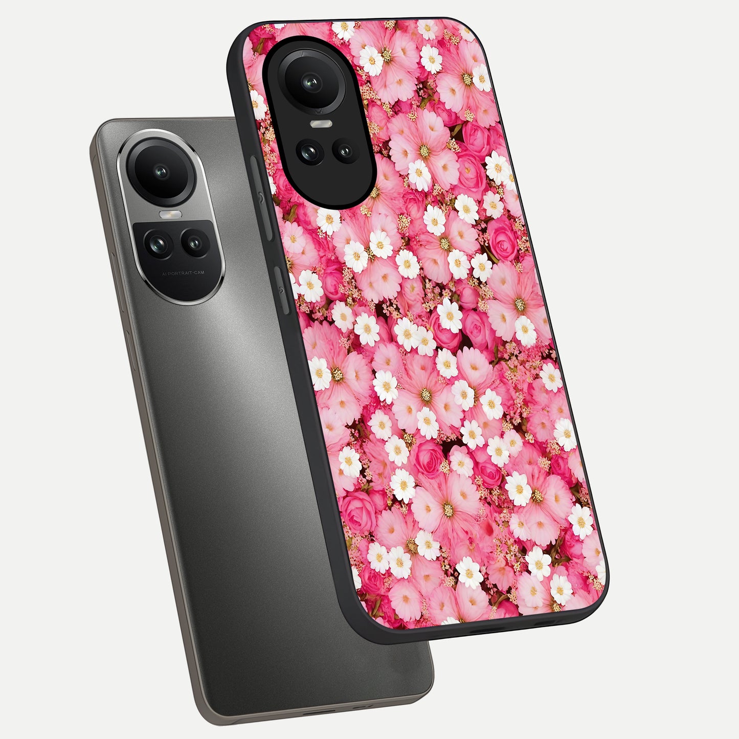  Pink Daisy Bliss phone case For Oppo Reno 10 showing premium glass back cover with detailed artwork