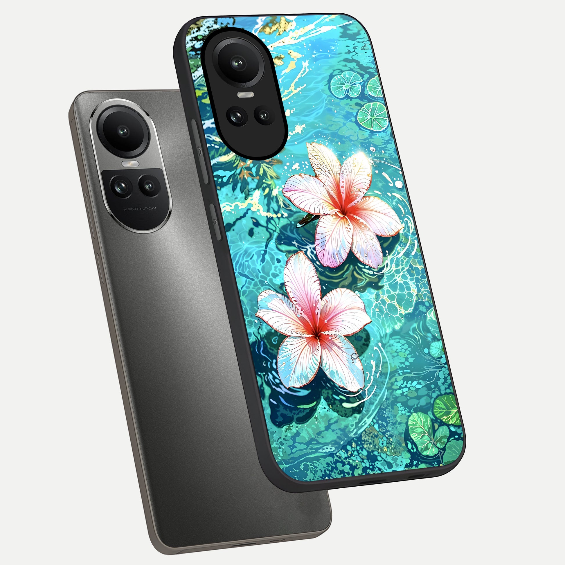  Pink Flowers in Water phone case For Oppo Reno 10 showing premium glass back cover with detailed artwork