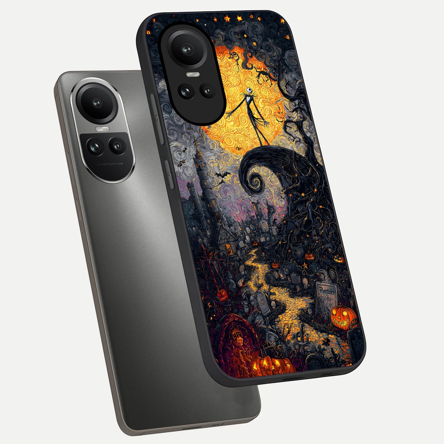  Pumpkin Moon Night phone case For Oppo Reno 10 showing premium glass back cover with detailed artwork