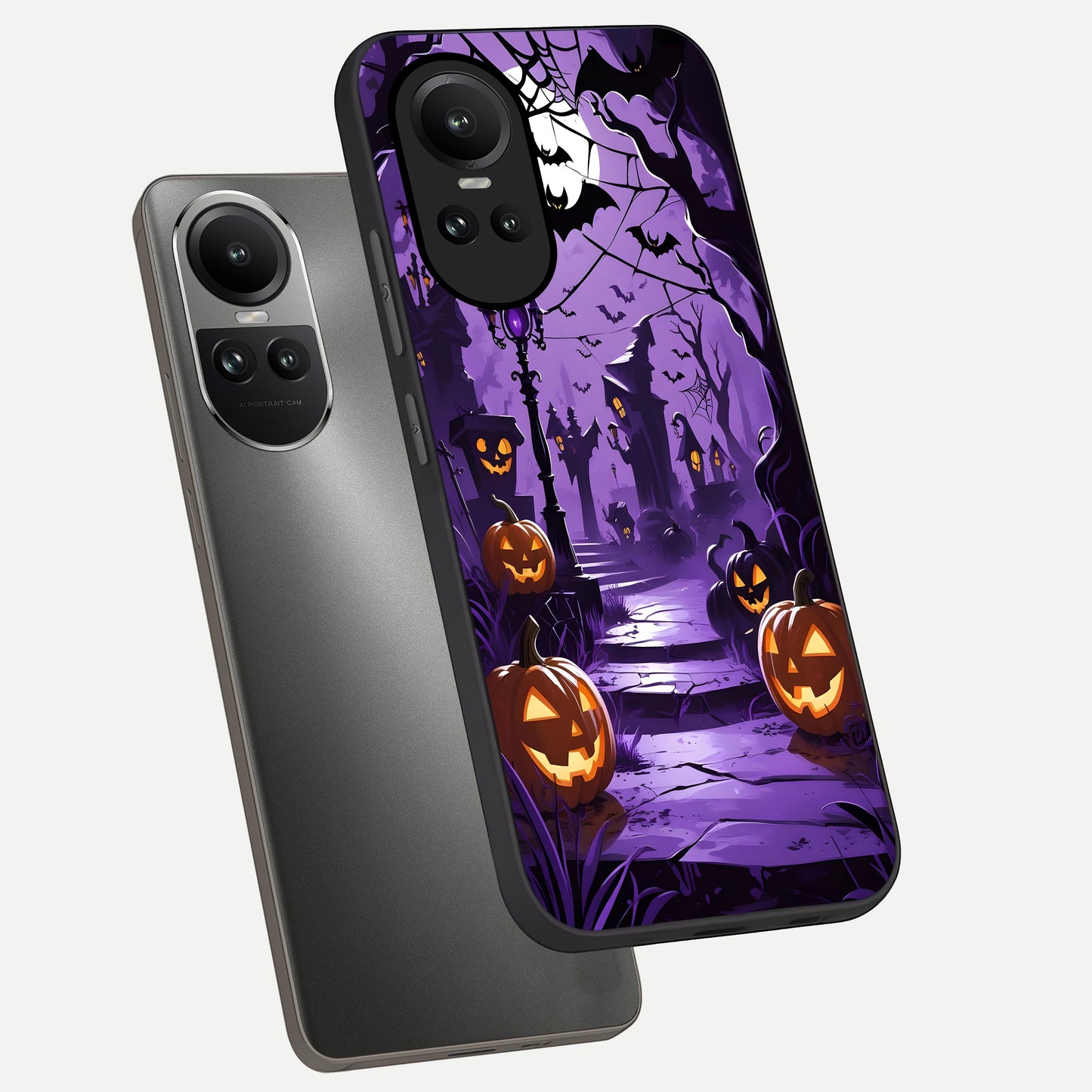  Pumpkin Patch Halloween phone case For Oppo Reno 10 showing premium glass back cover with detailed artwork