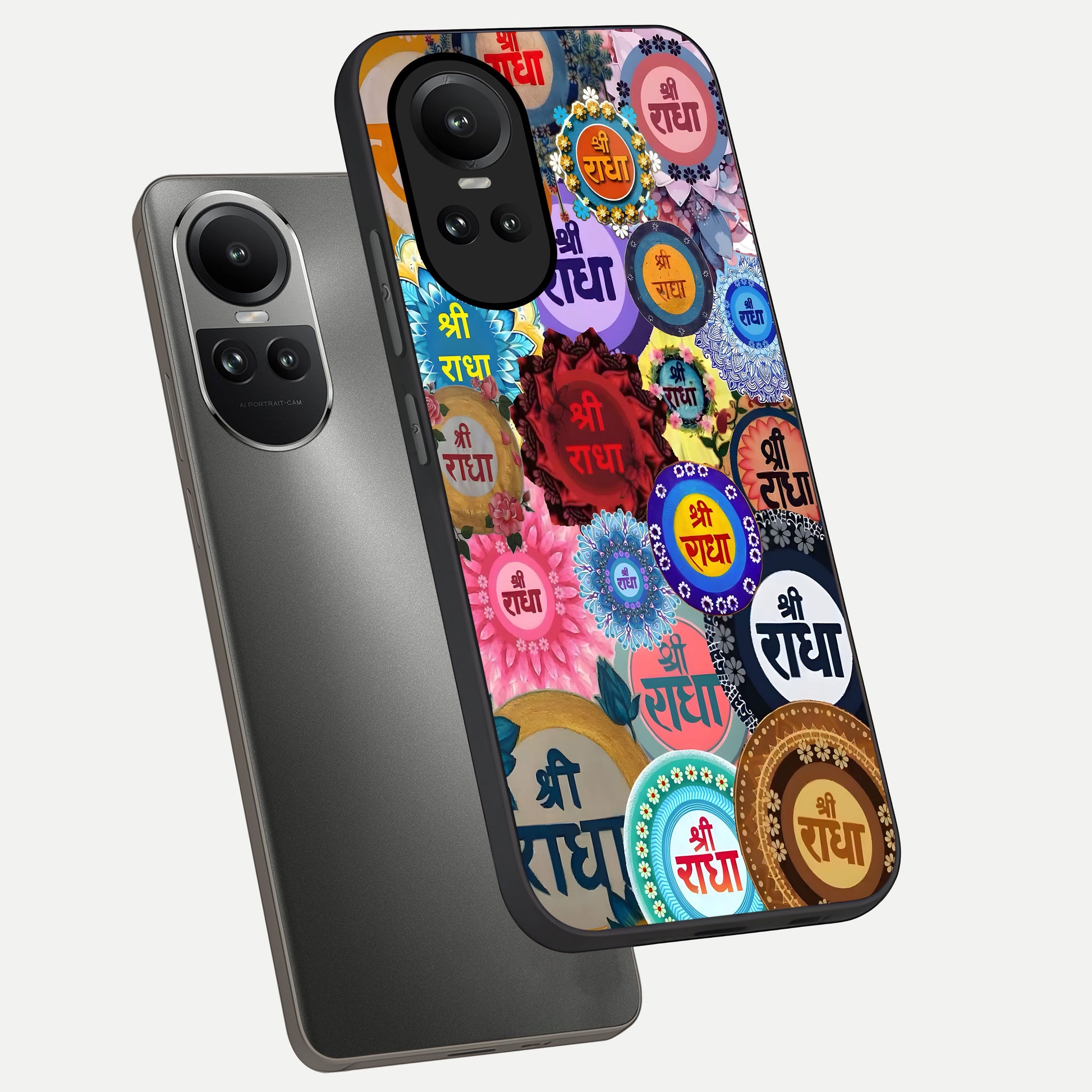  Radha Divine Bloom phone case For Oppo Reno 10 showing premium glass back cover with detailed artwork