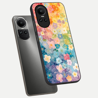  Rainbow Blossom Burst phone case For Oppo Reno 10 showing premium glass back cover with detailed artwork