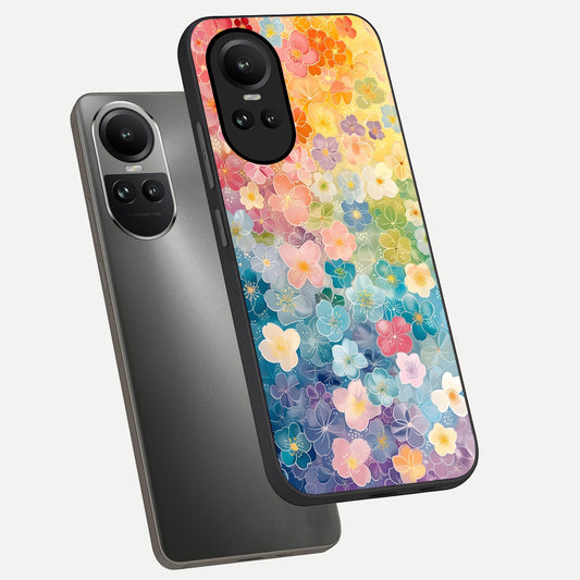  Rainbow Blossom Burst phone case For Oppo Reno 10 showing premium glass back cover with detailed artwork