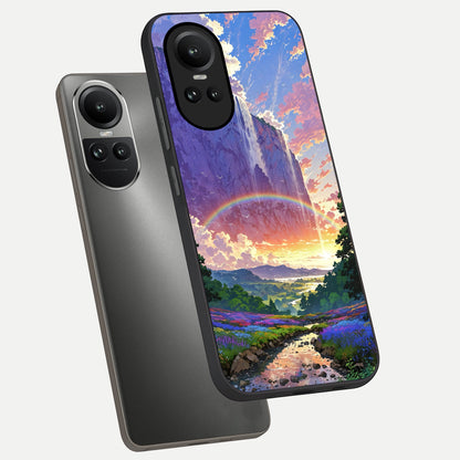  Rainbow Valley Dream phone case For Oppo Reno 10 showing premium glass back cover with detailed artwork