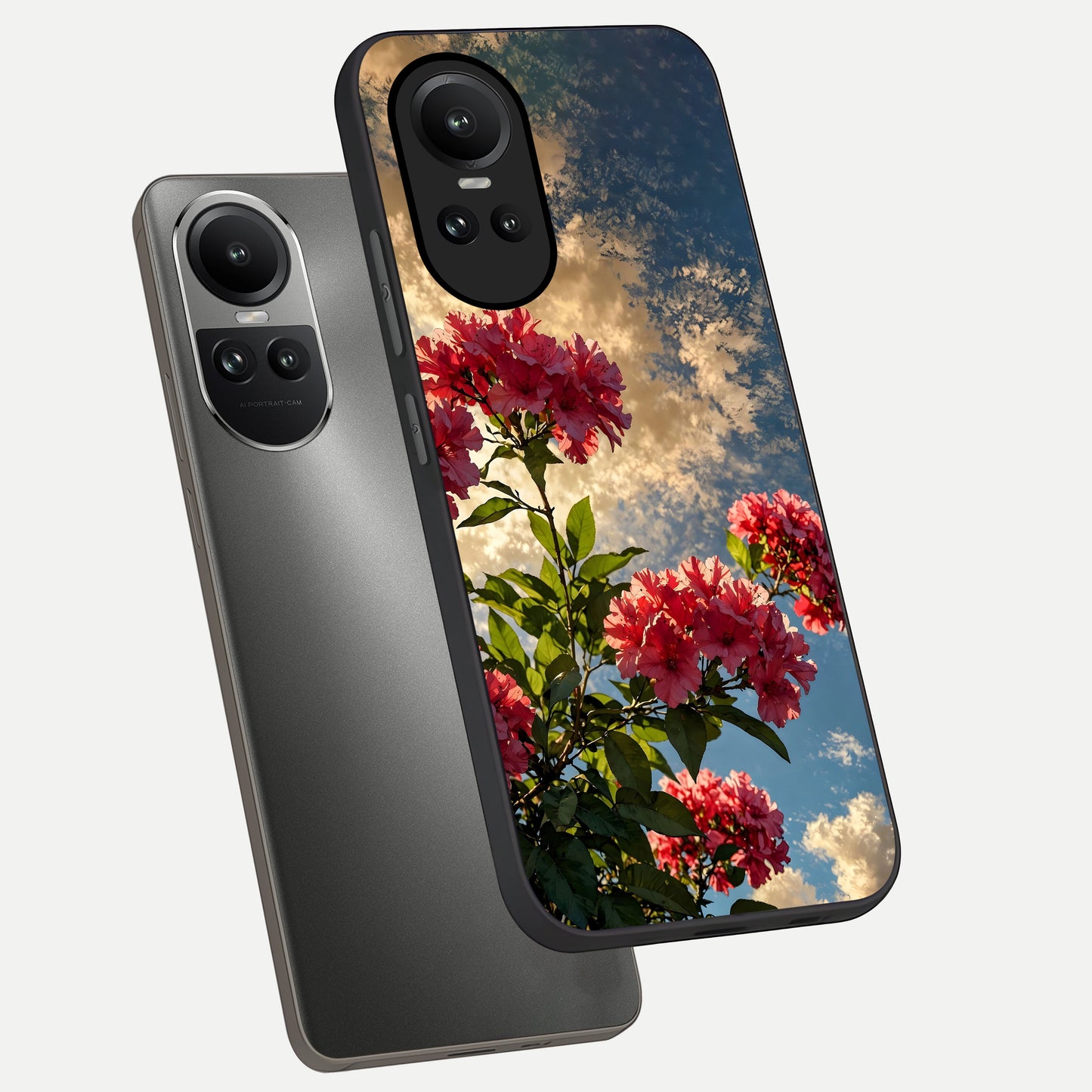  Red Bloom Skies phone case For Oppo Reno 10 showing premium glass back cover with detailed artwork