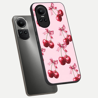  Red Cherries Pattern phone case For Oppo Reno 10 showing premium glass back cover with detailed artwork
