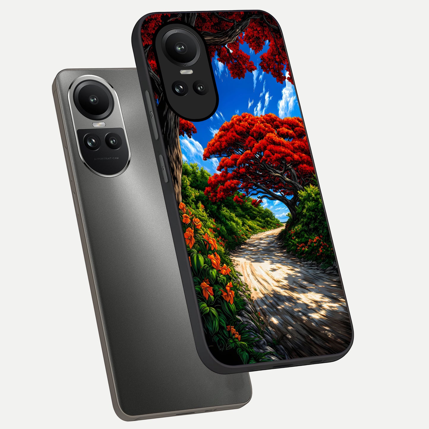  Red Trees Pathway phone case For Oppo Reno 10 showing premium glass back cover with detailed artwork
