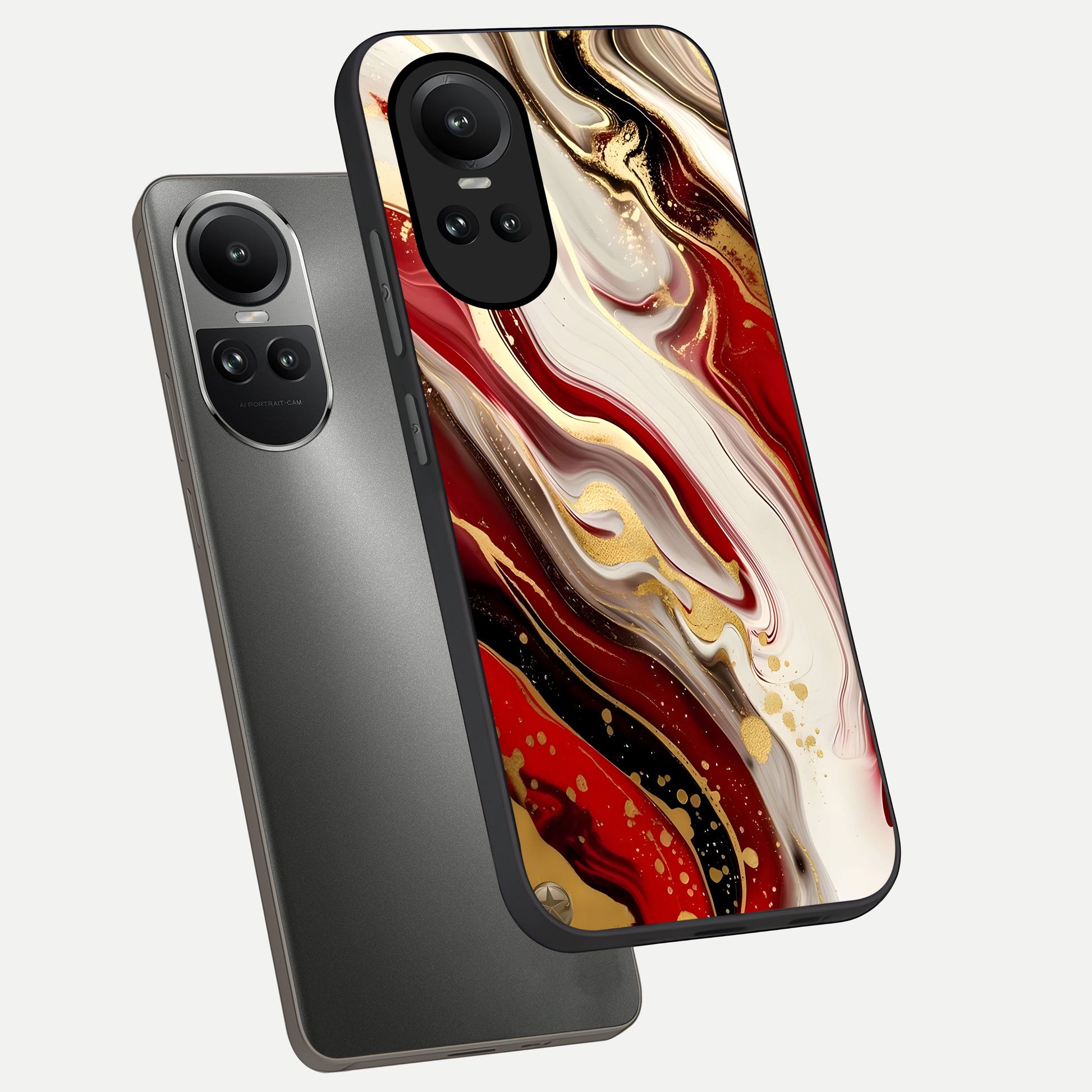  Red And White Marble phone case For Oppo Reno 10 showing premium glass back cover with detailed artwork