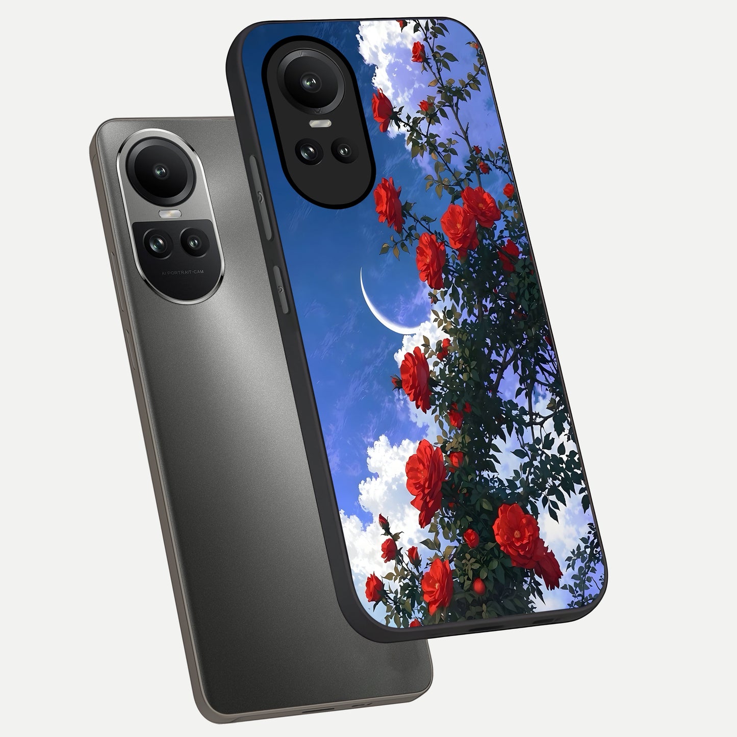  Rose Drift Flowers phone case For Oppo Reno 10 showing premium glass back cover with detailed artwork