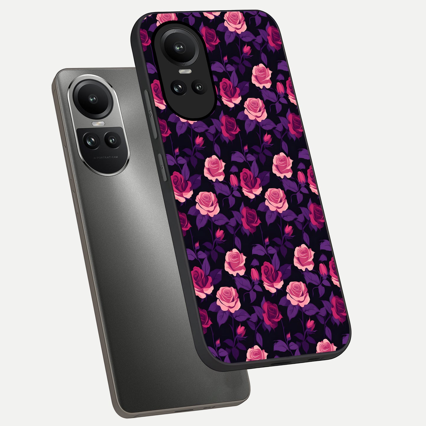  Rose Garden Twilight phone case For Oppo Reno 10 showing premium glass back cover with detailed artwork