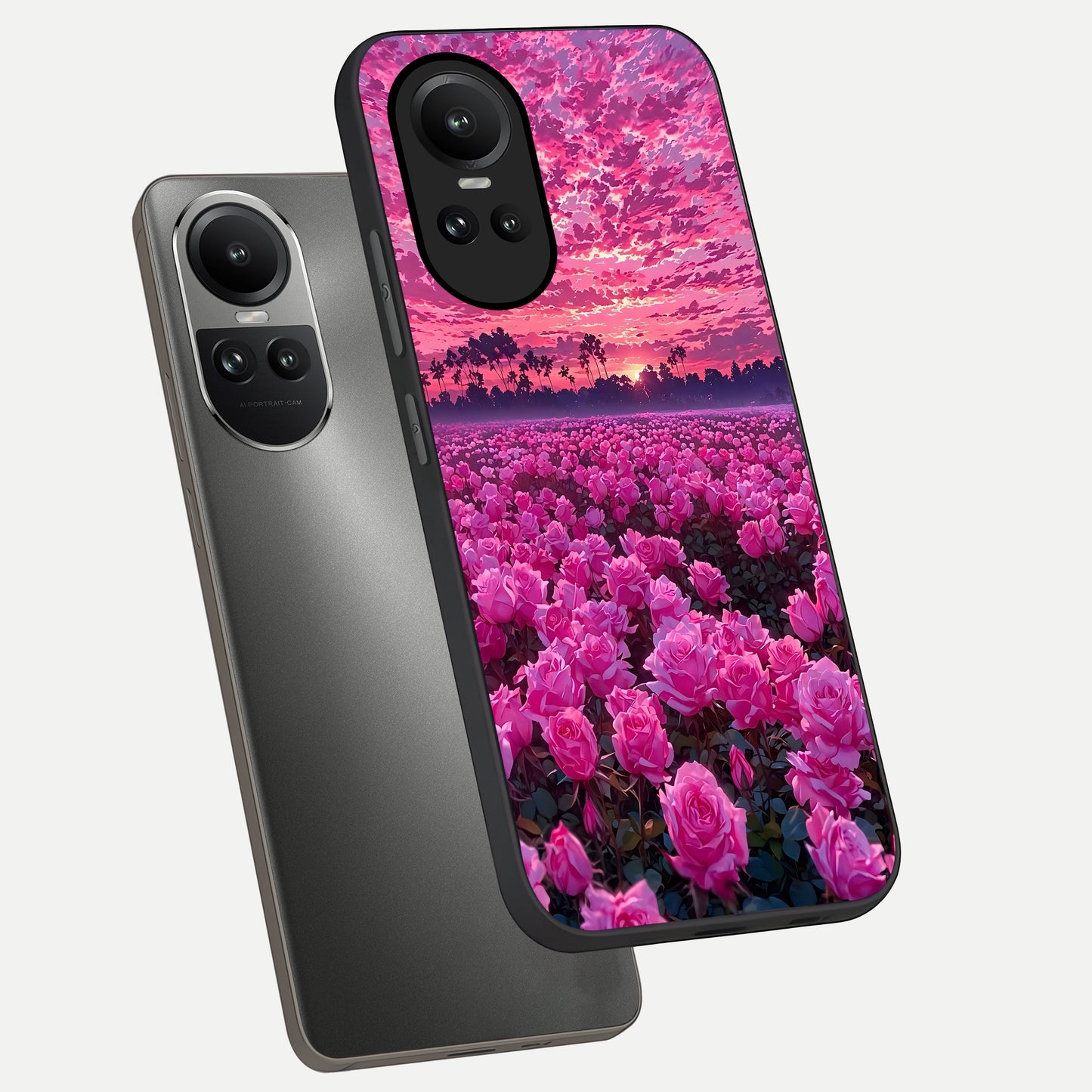  Rose Sunset Valley phone case For Oppo Reno 10 showing premium glass back cover with detailed artwork