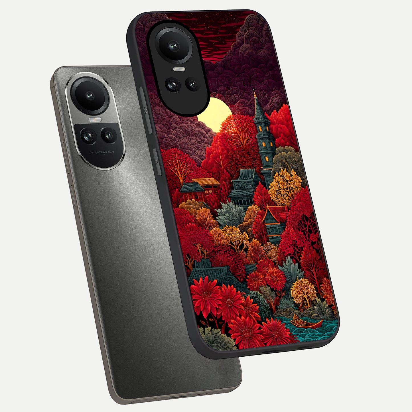  Scarlet Autumn Temple phone case For Oppo Reno 10 showing premium glass back cover with detailed artwork