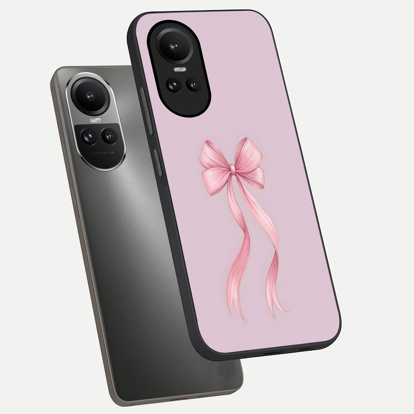  Soft Blush Bow phone case For Oppo Reno 10 showing premium glass back cover with detailed artwork