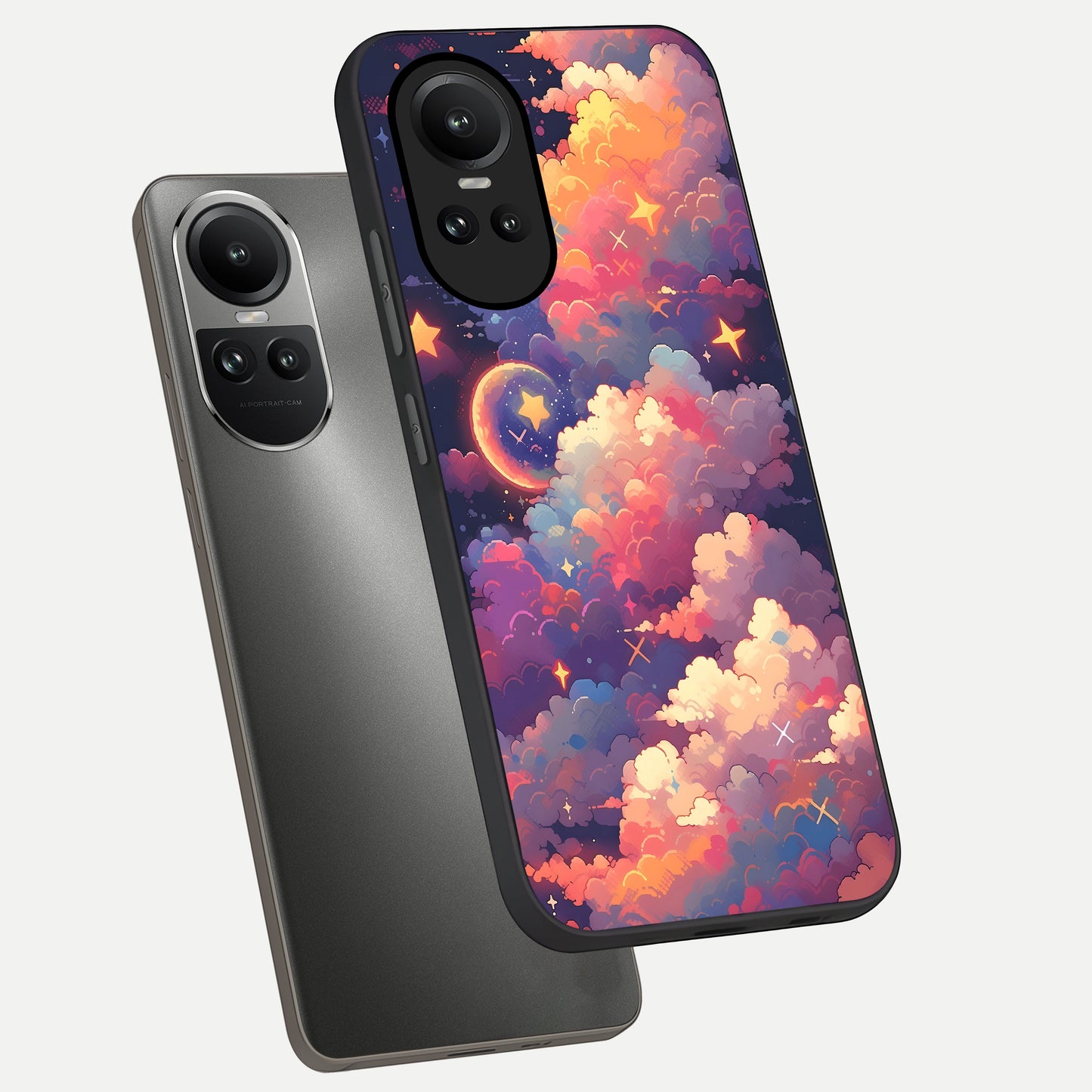  Starlit Dream Clouds phone case For Oppo Reno 10 showing premium glass back cover with detailed artwork