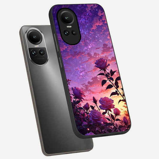 Starlit Rose Twilight phone case For Oppo Reno 10 showing premium glass back cover with detailed artwork