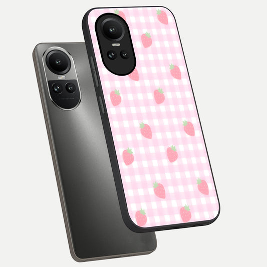  Strawberry Picnic Love phone case For Oppo Reno 10 showing premium glass back cover with detailed artwork