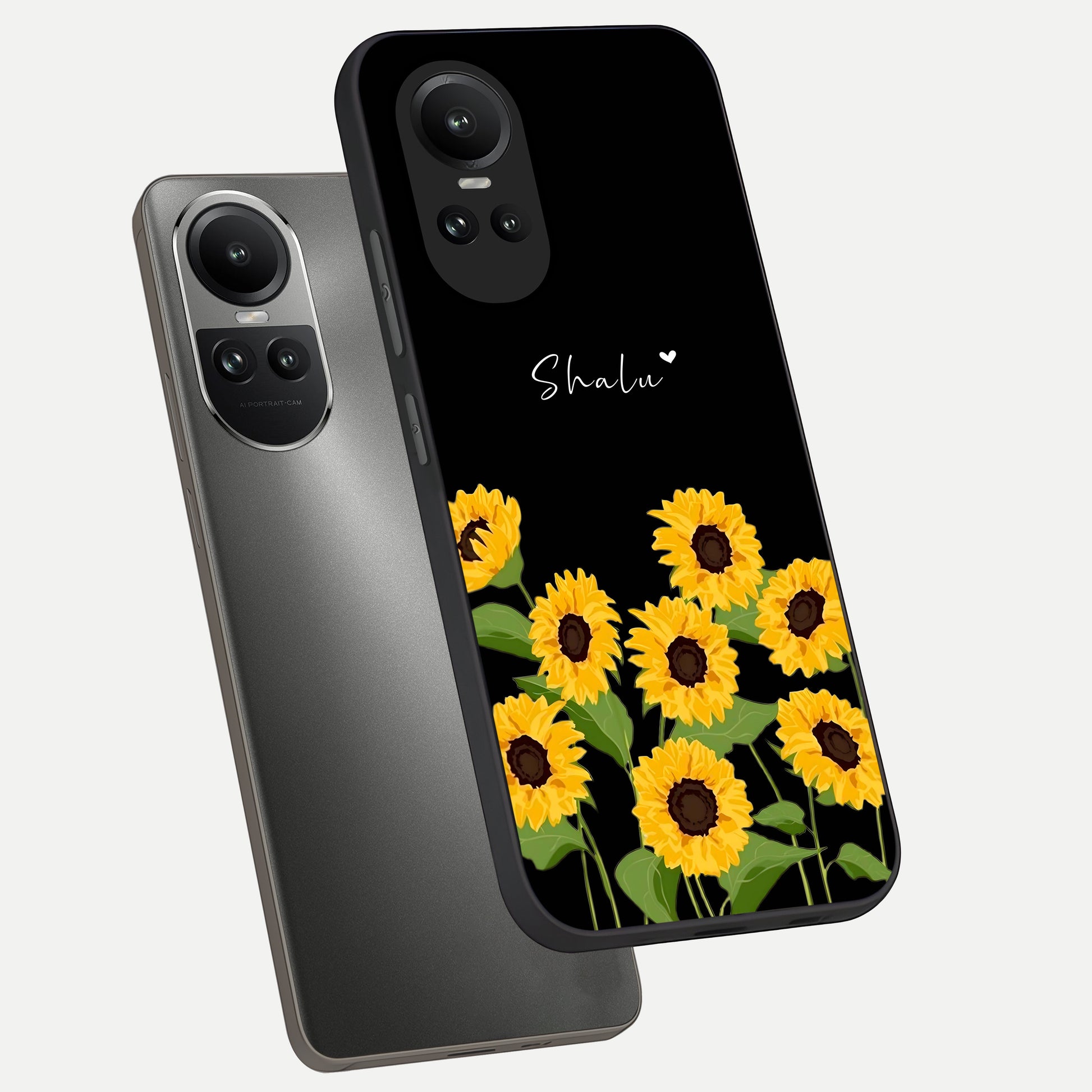  Sunflower Sky Bloom phone case For Oppo Reno 10 showing premium glass back cover with detailed artwork