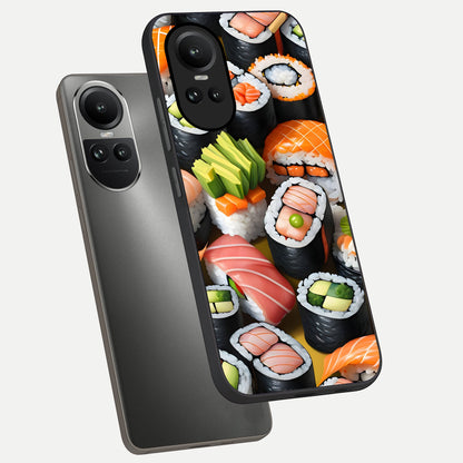  Sushi Food Pattern phone case For Oppo Reno 10 showing premium glass back cover with detailed artwork