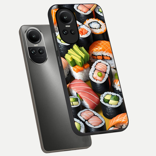  Sushi Food Pattern phone case For Oppo Reno 10 showing premium glass back cover with detailed artwork