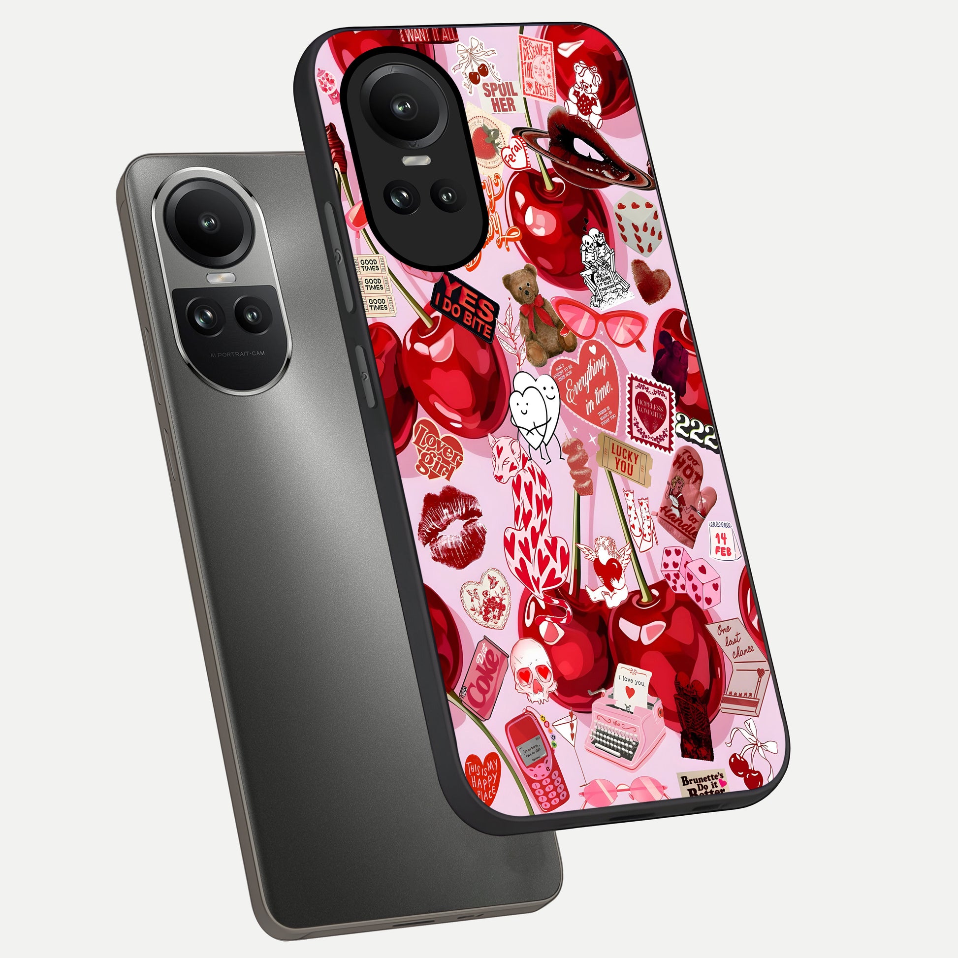  Sweet Cherry Chaos phone case For Oppo Reno 10 showing premium glass back cover with detailed artwork