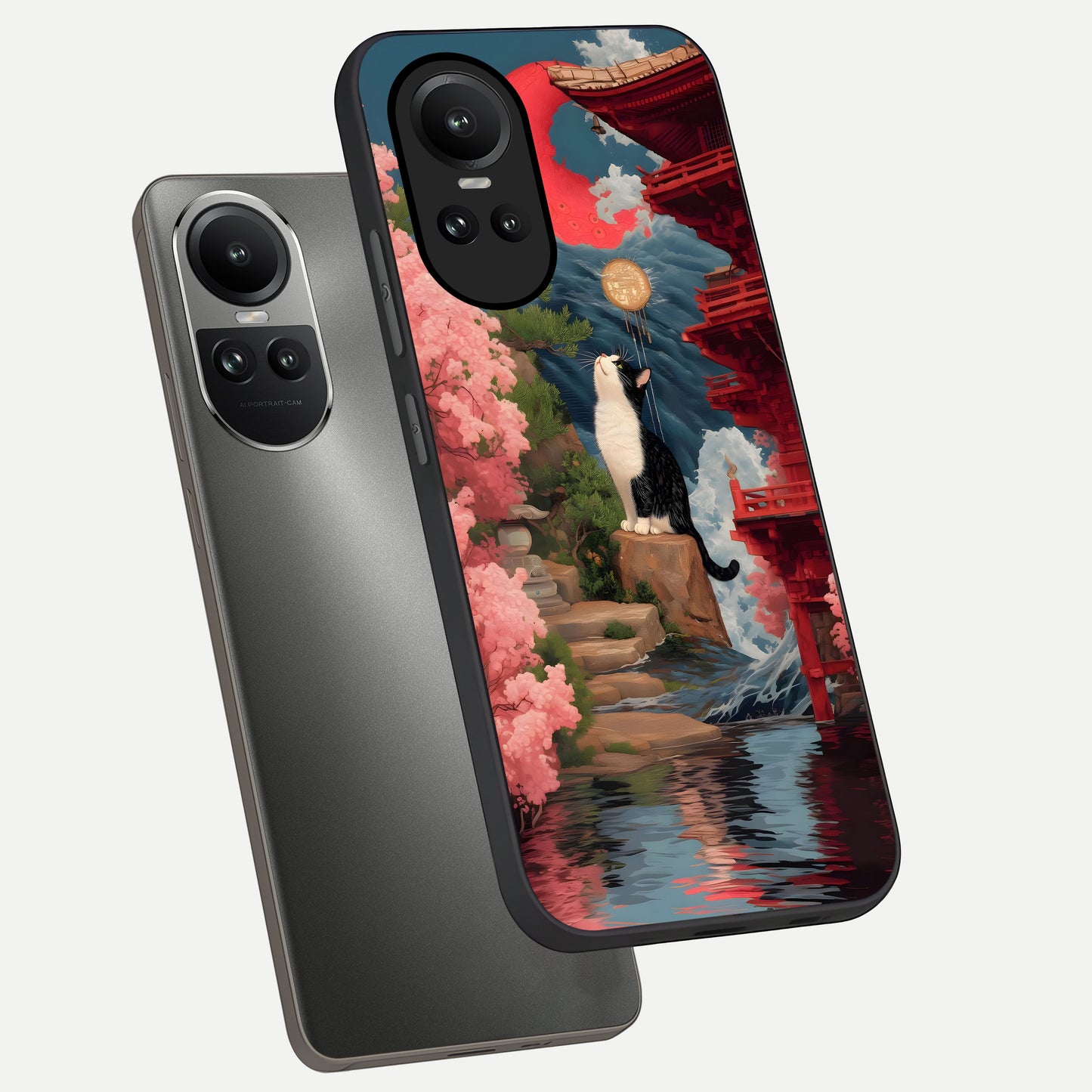  Temple Cat Scenery phone case For Oppo Reno 10 showing premium glass back cover with detailed artwork