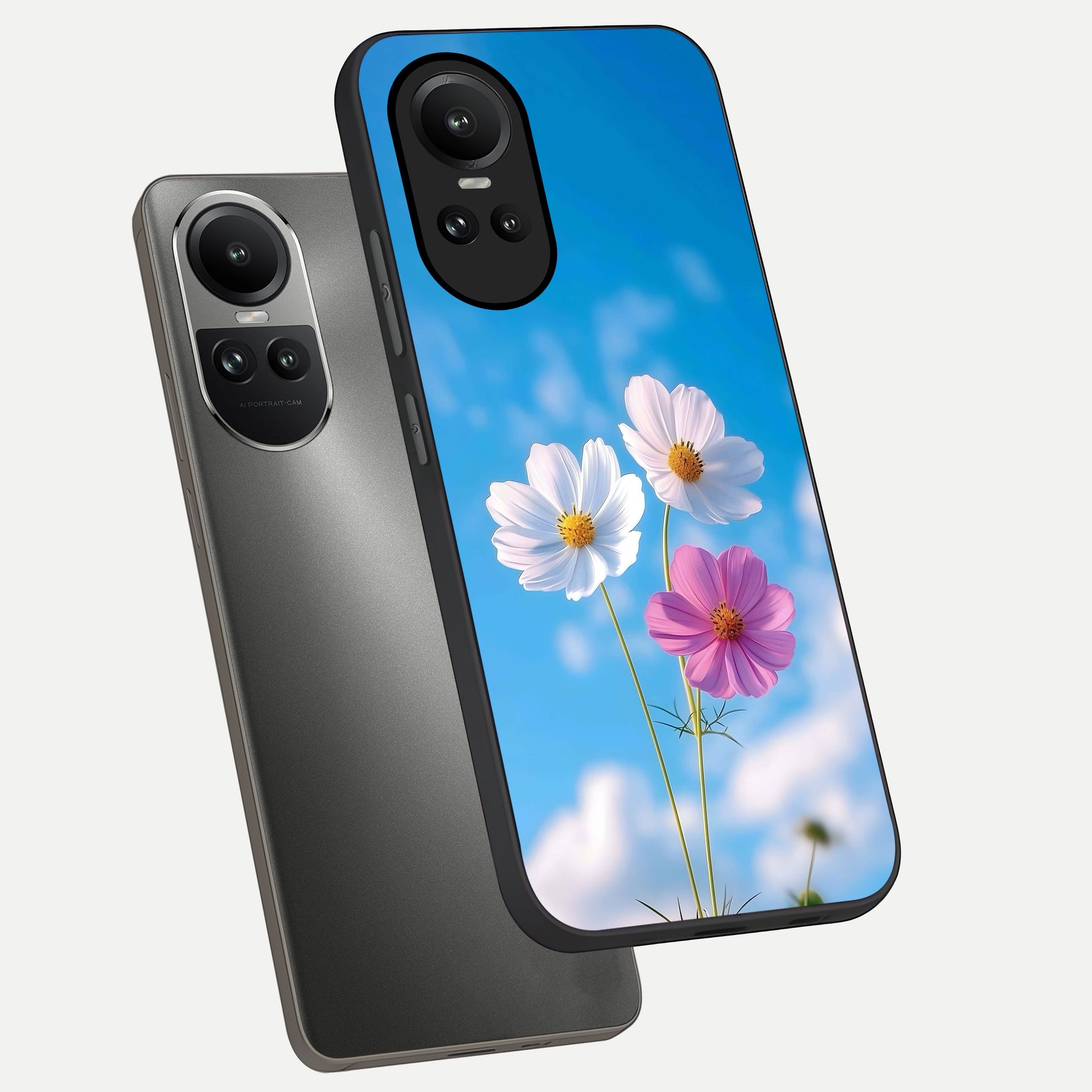  Tripple Flowers With Sky phone case For Oppo Reno 10 showing premium glass back cover with detailed artwork