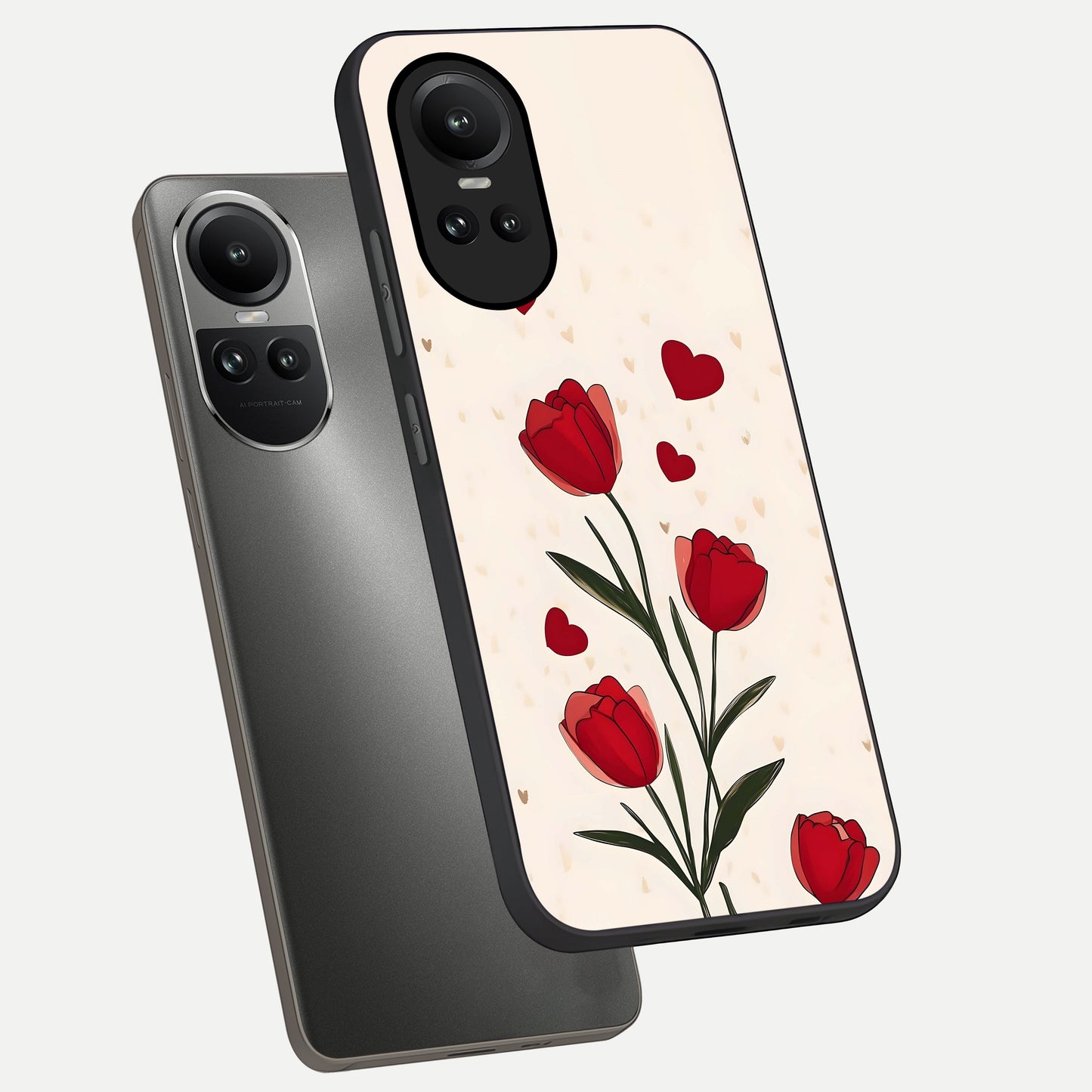  Tulip With Heart phone case For Oppo Reno 10 showing premium glass back cover with detailed artwork