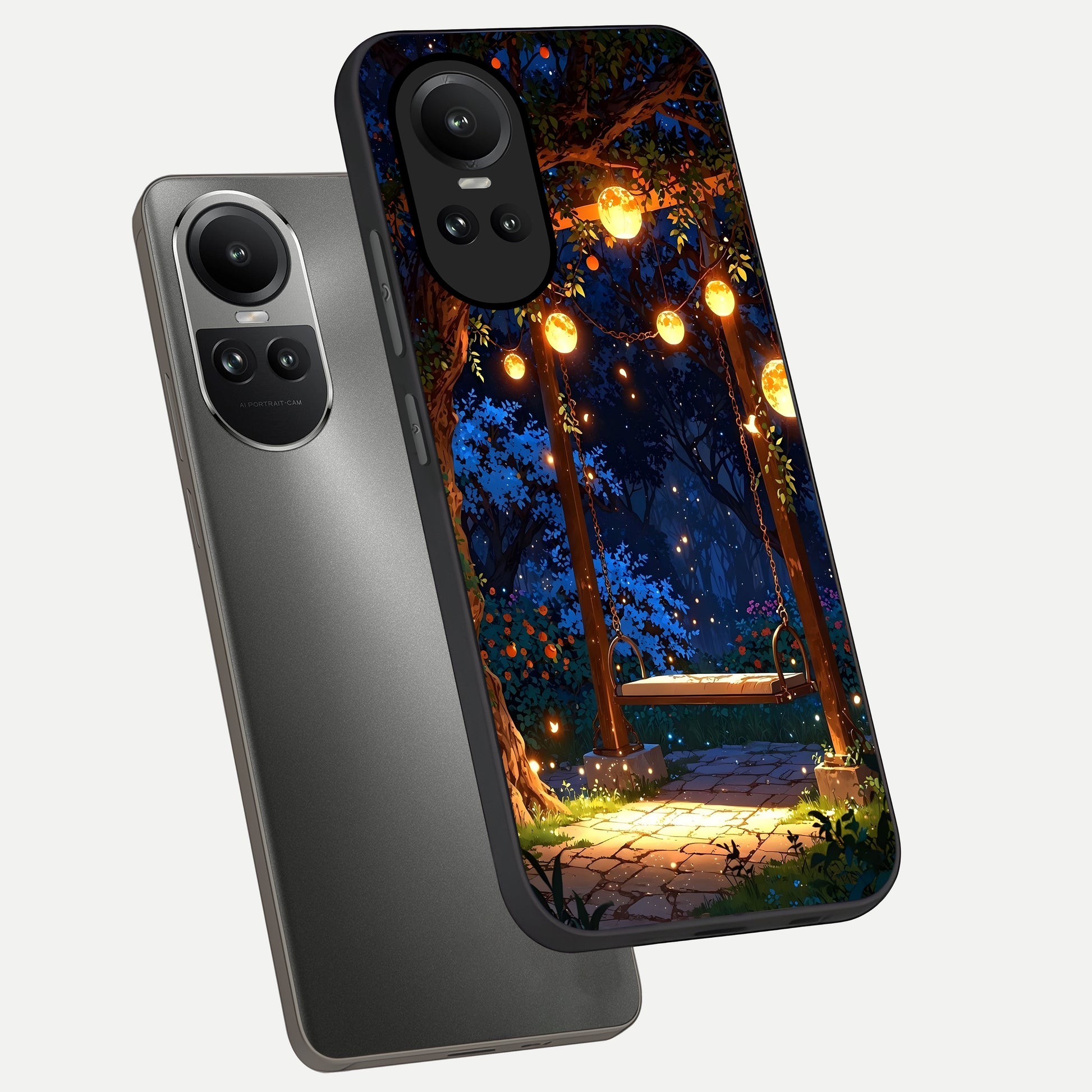  Twilight Garden Swing phone case For Oppo Reno 10 showing premium glass back cover with detailed artwork