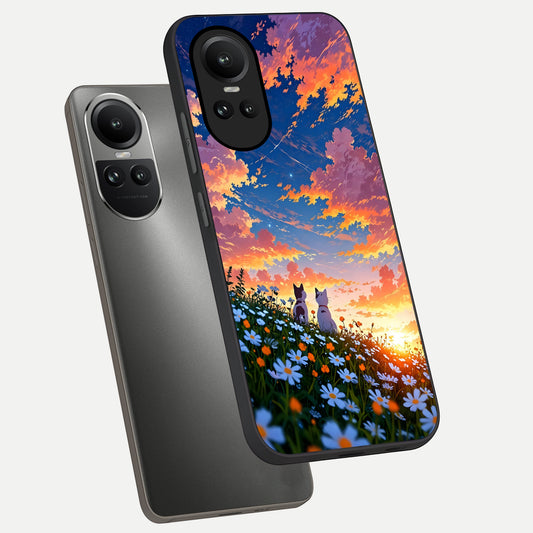  Two Cats Friends phone case For Oppo Reno 10 showing premium glass back cover with detailed artwork
