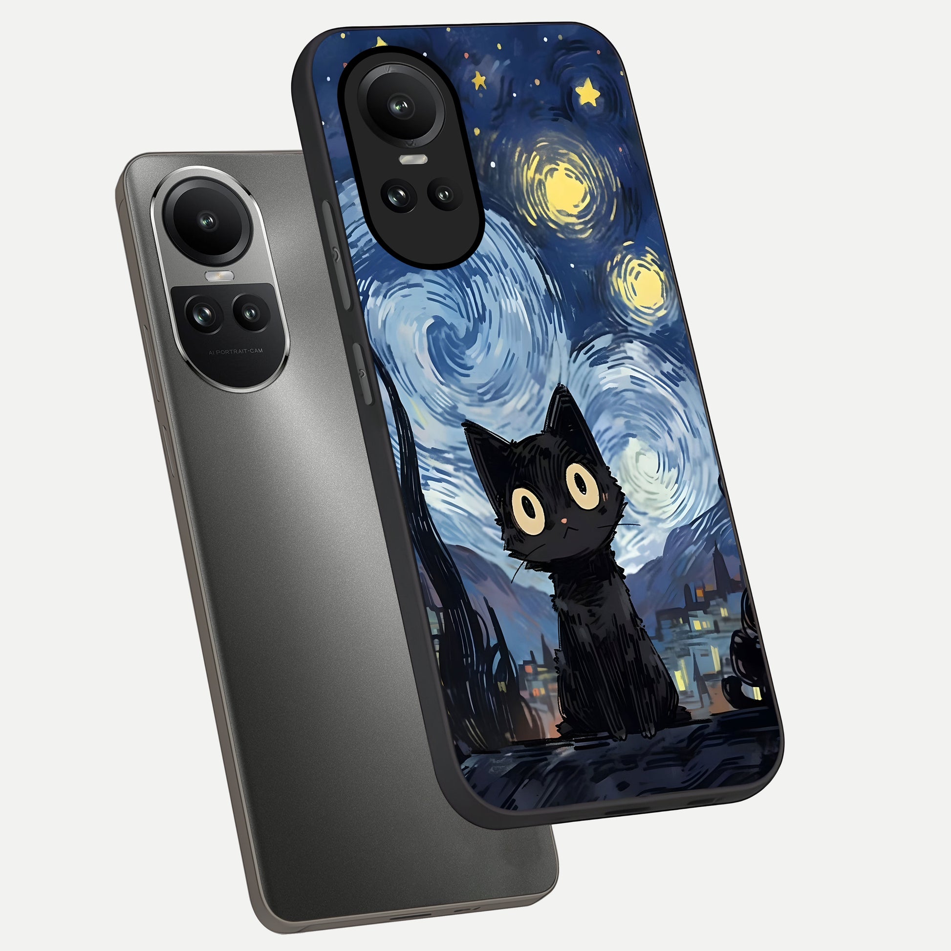  Van Gogh Cat phone case For Oppo Reno 10 showing premium glass back cover with detailed artwork