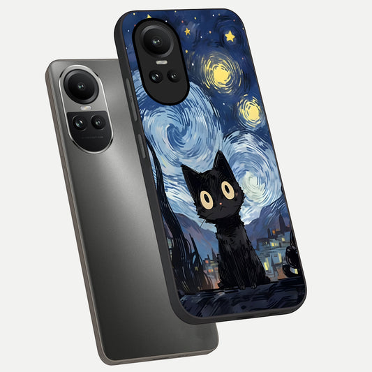  Van Gogh Cat phone case For Oppo Reno 10 showing premium glass back cover with detailed artwork