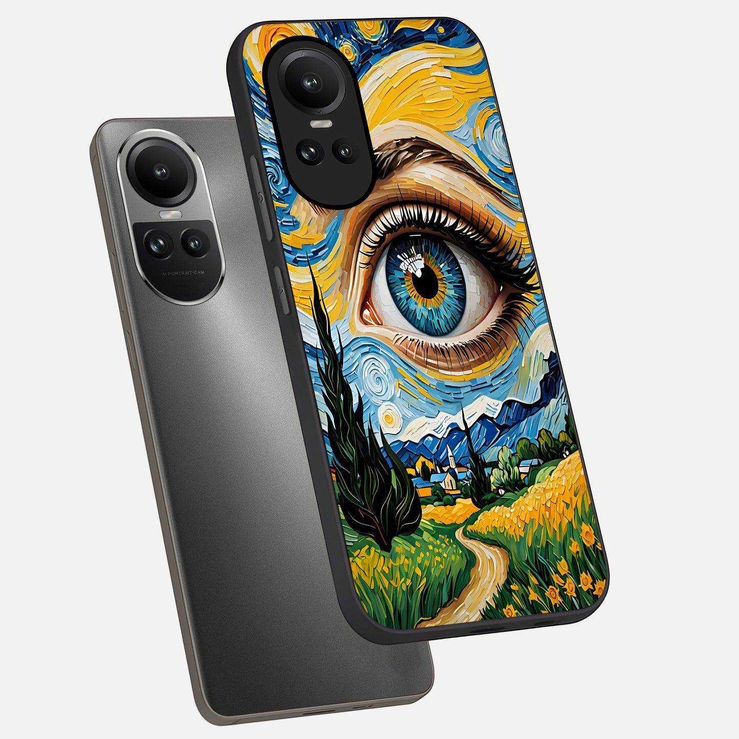  Van Gogh Eye phone case For Oppo Reno 10 showing premium glass back cover with detailed artwork