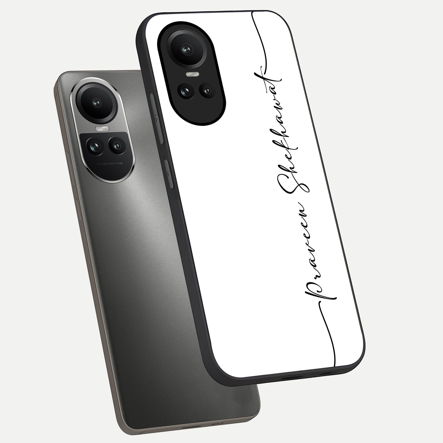  White Tune Custom Name phone case For Oppo Reno 10 showing premium custom name glass back cover