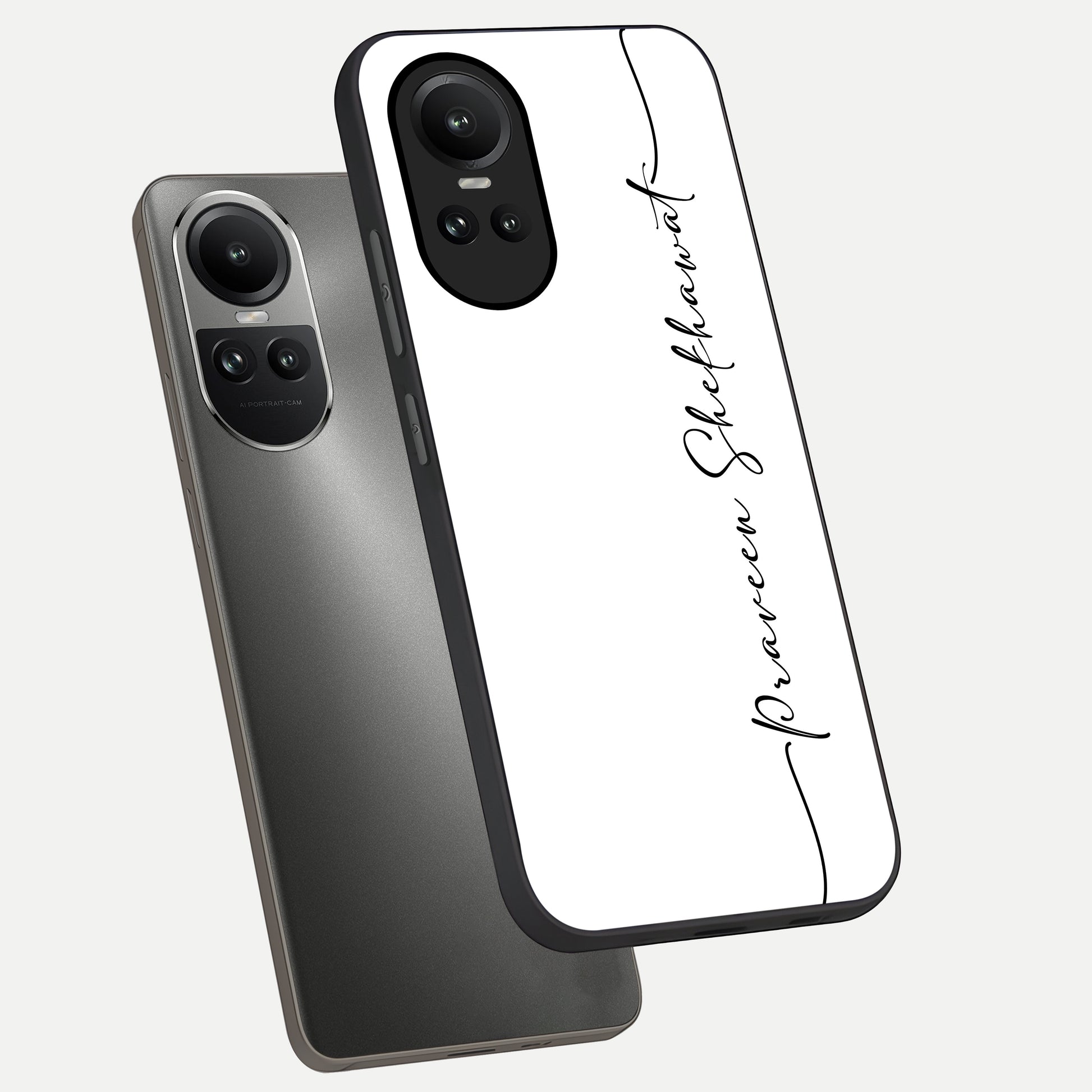  White Tune Custom Name phone case For Oppo Reno 10 showing premium custom name glass back cover