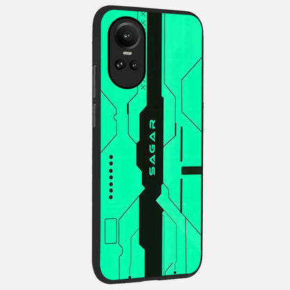  Aqua Tech CYBERPUNK Custom Name back cover For Oppo Reno 10 slim fit glass case with vibrant aesthetic design