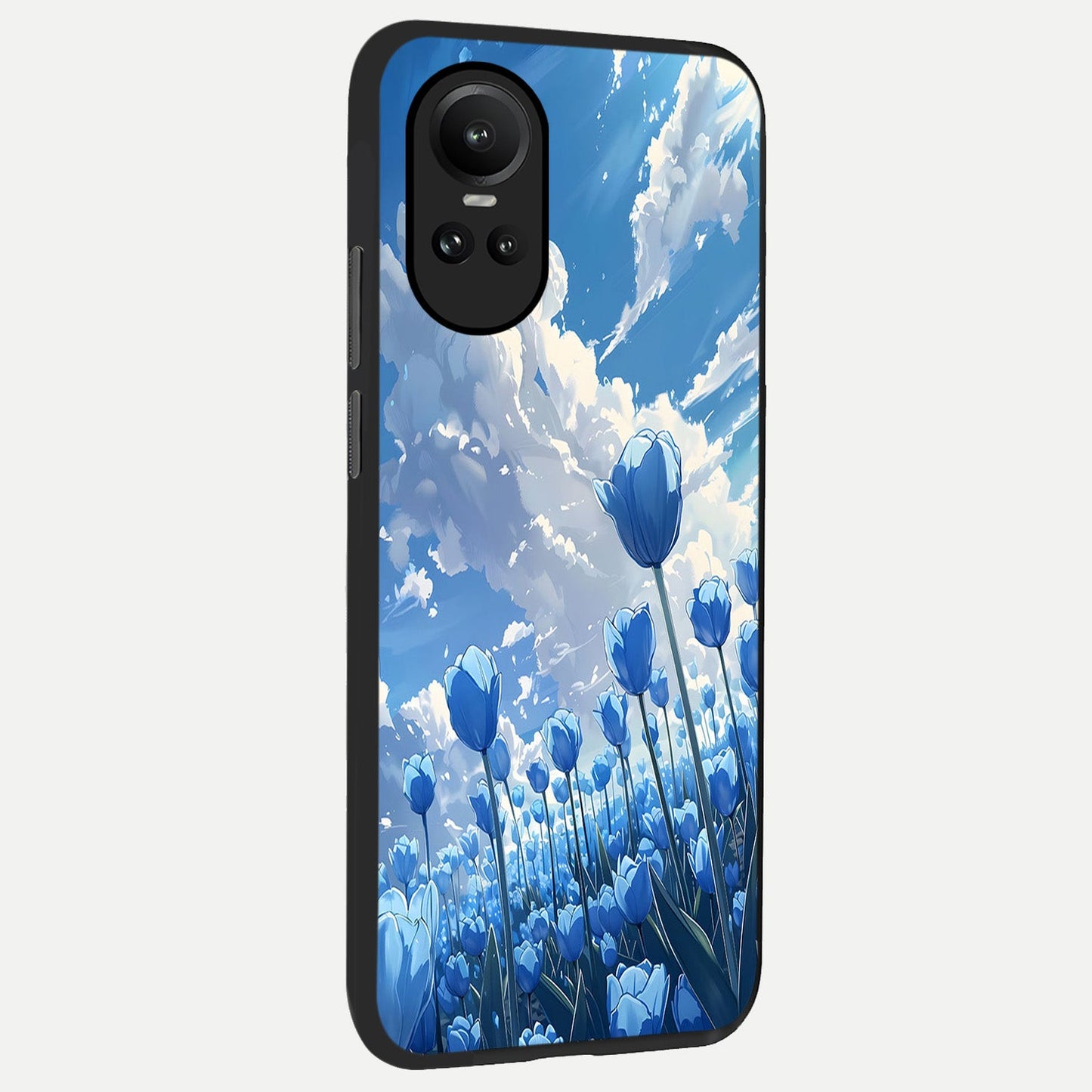  Blue Tulip Clouds back cover For Oppo Reno 10 slim fit glass case with vibrant aesthetic design