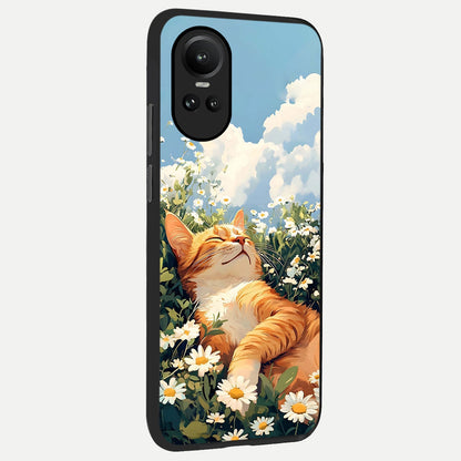  Cat And Flowers View back cover For Oppo Reno 10 slim fit glass case with vibrant aesthetic design