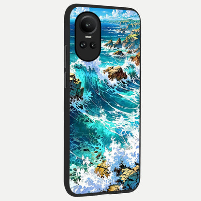  Coastal Blue Waves back cover For Oppo Reno 10 slim fit glass case with vibrant aesthetic design